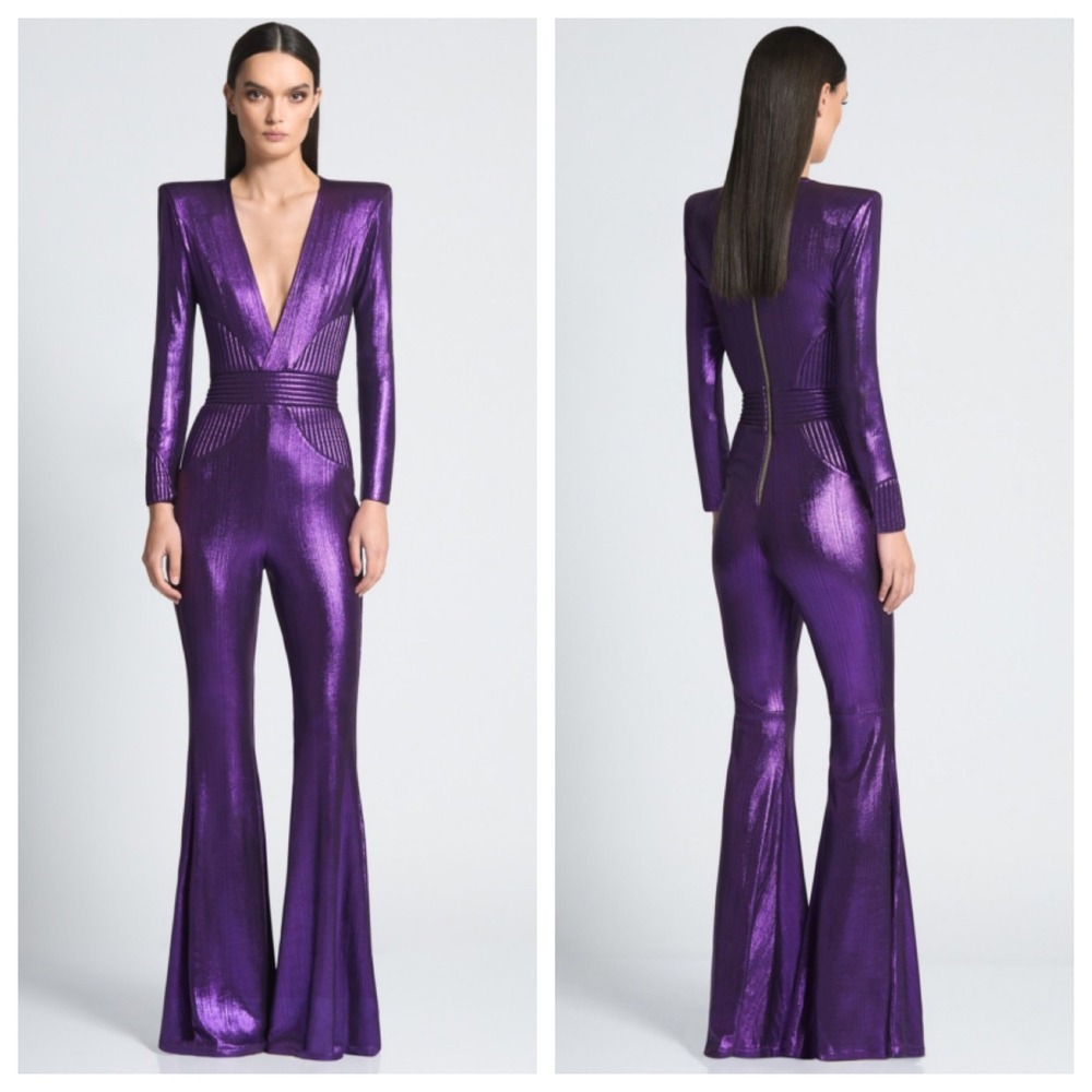Zhivago The Secret Metallic Purple Jumpsuit Structured Shoulder Flare Leg US 8